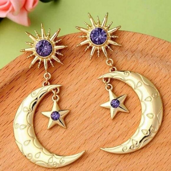 Gold Purple Crystal Moon & Star Earrings - Picture 1 of 4
